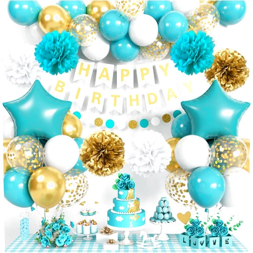 Jobkoo Teal & Gold Birthday Decorations - Turquoise Blue White Gold Balloons, Happy Birthday Banner, Foil Balloons, Aqua Pom Poms for Women & Girls Parties