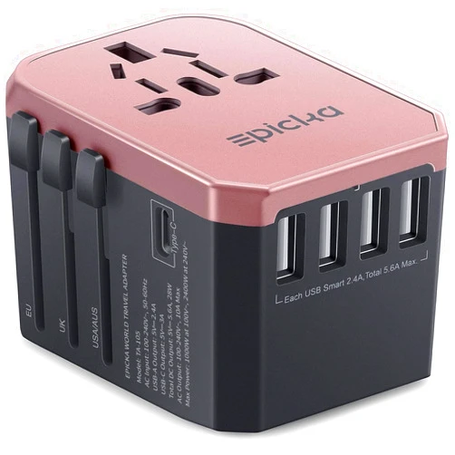 EPICKA Universal Travel Adapter, European Travel Plug Adapter - International Power Adapter Worldwide Charger with USB-C & 4 USB-A Ports, Travel Essentials for Italy, UK, Japan (TA-105, Rose Gold)