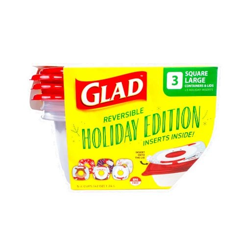 GladWare Holiday Food Storage Containers with Reversible Gift Tags, 3 Count Large Square Containers & Lids, 42oz | Microwave-Safe, Freezer-Safe, Dishwasher-Safe