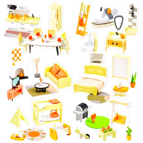 Giant bean 85pcs Wooden Plastic Dollhouse Furniture Set for 6 Rooms, Modern Dollhouse Accessories Pretend Play Furniture Toys Gift for Boys Girls Toddlers & Kids 3 4 5 6 7 Years and up