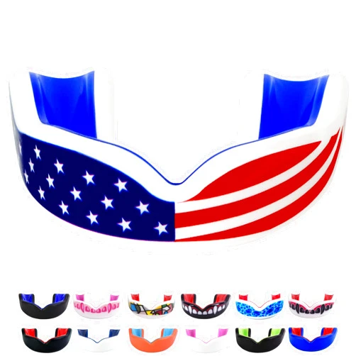 Oral Mart Youth Sports Mouth Guard for Kids (USA Flag, Fangs, 20+ Colors to Choose from) Mouthguard for Football, MMA, Karate, Boxing, Rugby, BJJ, Flag Football – /w Case (Youth, Strapless)