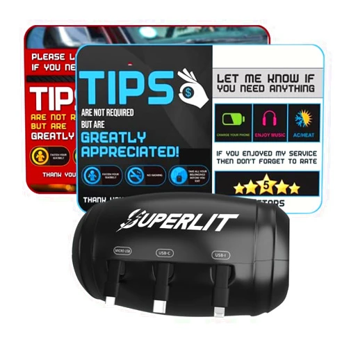 SUPERLIT 3in1 Retractable Phone Charger Station Box with Tip Sign for Uber Lyft Rideshare Back Seat Driver Accessories Fast Charging for Multiple Devices, Micro-USB, USB-C, Lightning Compatible