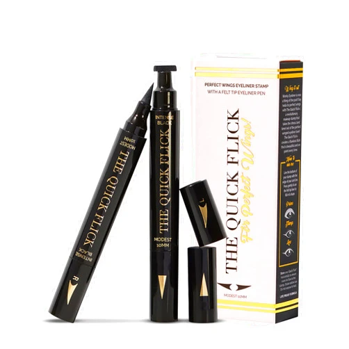 The Quick Flick Winged Eyeliner Stamp – Waterproof & Smudge Proof Vegan Cat Eye Stamp Eyeliner – 4mm Thick Winged Stamp & 10mm Modest Felt-Tip Liquid Hypoallergenic Eyeliner Pen (Intense Black-2 Pen)
