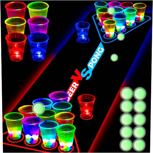 Noveltymeme 45 PCS Glow in the Dark Beer Pong Table Mat, Drinking Game Pong Game with Party Cups, Glow Pongs for Indoor Outdoor Party Game Party Supplies Decoration Flashing&Red&Blue