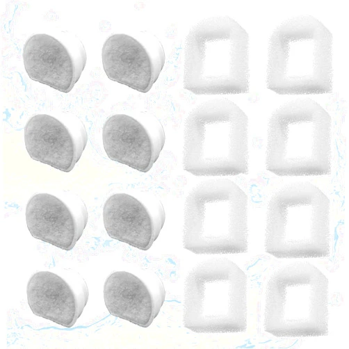 Ukulork 16 Pack Pet Fountain Filter Replacement,8 Carbon Filters and 8 Foam Pre-Filter Replacement Compatible with Multiple Pet Water Dspensers Water Bowl