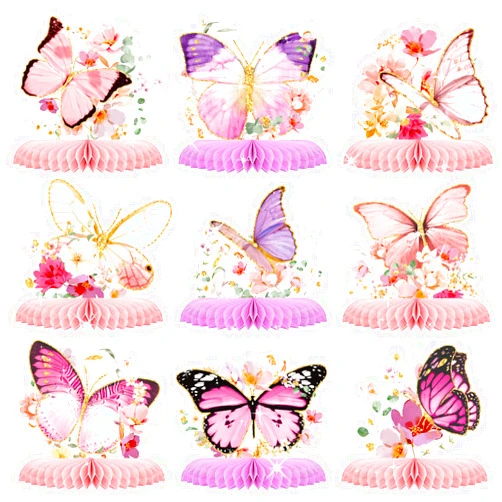 AOBKIAT Butterfly Girls Birthday Party Decorations,9-Pieces Glitter Honeycomb Centerpieces for Tables for Baby Shower,Wedding,Butterfly Themed Table Toppers,Spring Summer Garden Party