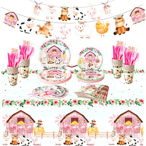Aoerfes Farm Animals Party Supplies Plates Set for 24 Guests, Cute Pink Animal Baby Shower Girl Birthday Party DecorationsTablecloth,Plate, Cup,Straws, Farm House Animal Barnyard Tableware
