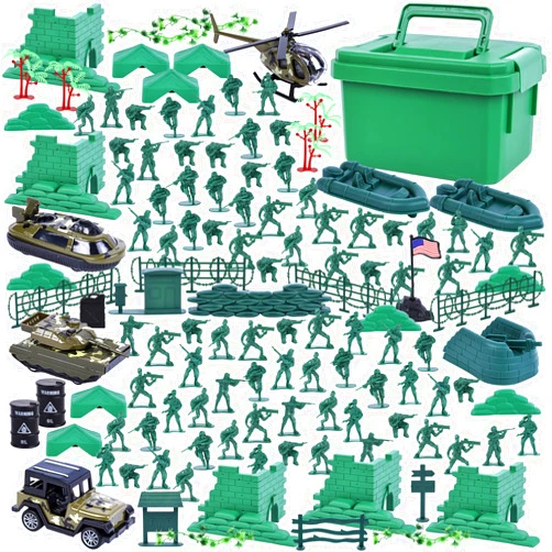 LovesTown 115PCS Army Men Playset, Military Soldier Set Army Action Figures Battle Group Military Base Toy with Box Jeep Helicopter for Gifts Green