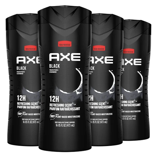 AXE Body Wash Black 4 Count 12h Refreshing Scent Cleanser Frozen Pear & Cedarwood Men's Body Wash with 100% Plant-Based Moisturizers 16 oz