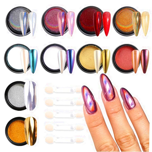 Fcozpjk Chameleon Chrome Nail Powder, 10 boxes Pink Purple Aurora Chrome Powder, Gold Silver Holographic Nail Powder, Metallic Mirror Pigment for Nails, Rubbing Dust Manicure Glitter Set