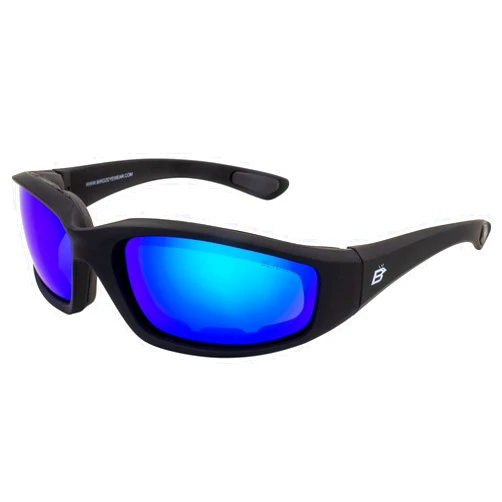 Birdz Eyewear Oriole Padded Motorcycle Riding Sunglasses Gloss Black Frame with Blue Mirror Lenses