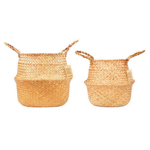 Blueming Home Decor Plant Baskets – Set of 2, Twin Pack Large Hand Woven Seagrass Rattan Belly Planter with Handles for Plant Pots, Home Decor, Organizer, Laundry (Original, 12 Inch x 10 Inch)