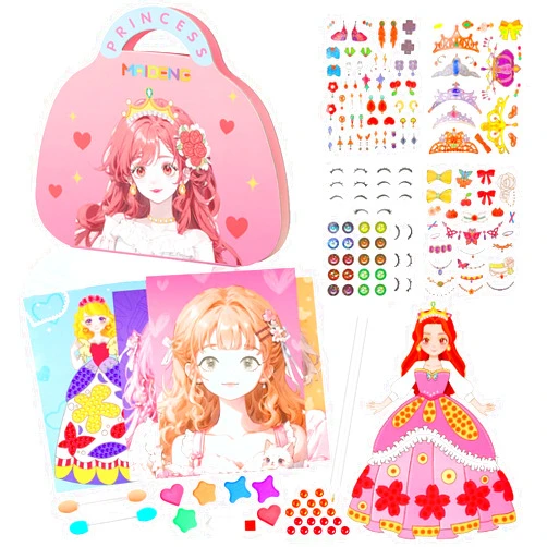OSQI 3 in 1 Dress Up Game Set Princess Fantasy - Paper Doll Sticker Book, Princess Diamond Art, Paper Makeup Game, DIY Travel Toys, Dress Up Game for Little Artists and Fashionistas (Princess)