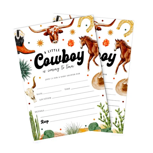Handmade Expressionz Cafe Little Cowboy Western Rodeo Baby Shower 5x7 Invitations with Envelopes, Fill Out Cards for Baby Shower Celebration (Pack of 25)