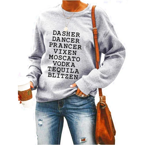 Essential cocoon Womens Reindeer Alcohol Christmas Sweatshirt Dasher Dancer Prancer Vixen Moscato Vodka Blitzen Xmas Pullover