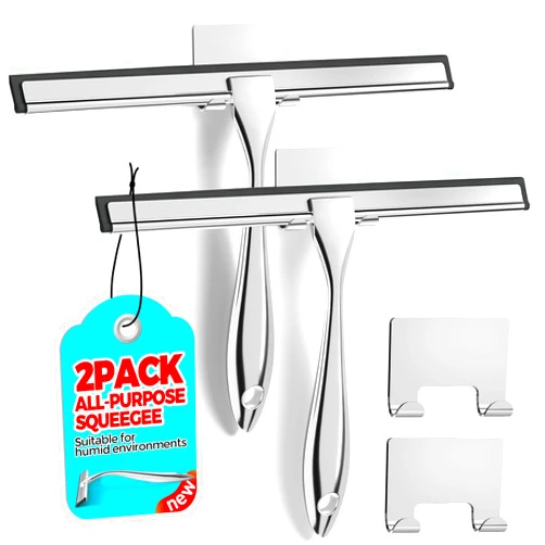 ALFLOD 2PACK All-Purpose Shower Squeegee for Shower Doors, Tile Shower Walls, Bathroom, Window, Glass and Car Windshield, Mirrors and Kitchen-Stainless Steel, 10 Inches, Silver