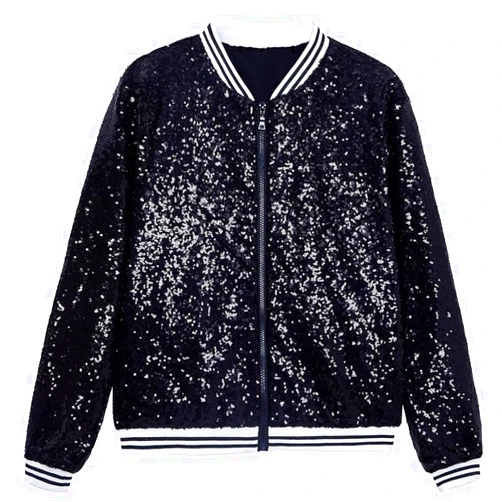 A ARFAR Women Sequin Jackets Striped Collar Glitter Varsity Bomber Sparkly Coat Party Outwear Lightweight Ladies Cloth