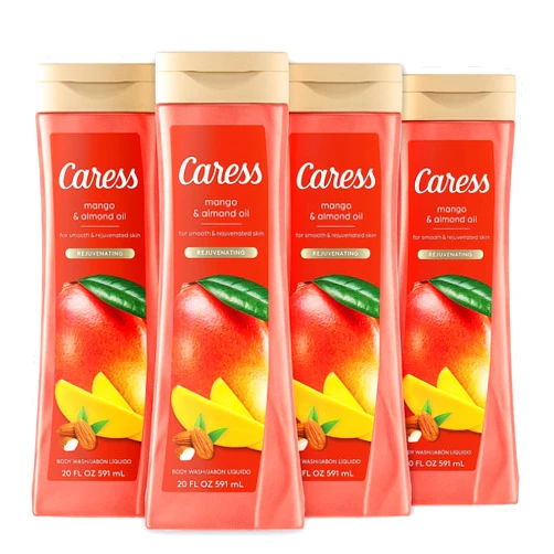 Caress Body Wash for Women, Mango & Almond Oil, Refreshing Shower Gel for Smooth, Rejuvenated Skin, 20 fl oz, 4 Pack