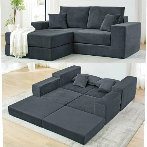 Ivoros Boneless Couches for Living Room, Modern Corduroy Couch, Convertible Sleeper Sofa, Folding Sofa Bed, Mattress Couch for Bedroom Small Spaces - No Assembly Needed in Grey