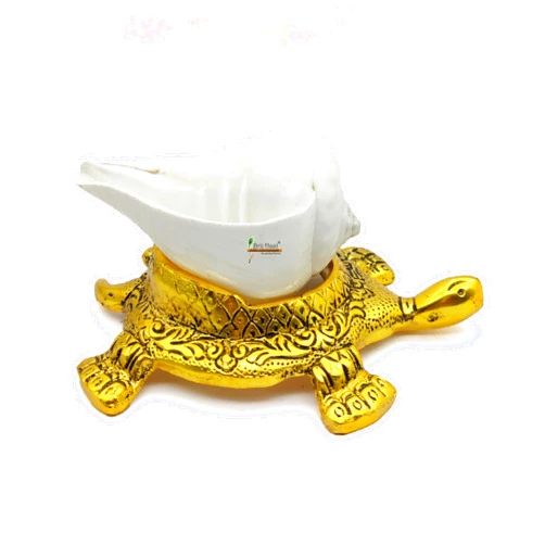 BRIJ HAAT Natural Pooja shankh with kachua Shape Stand Golden