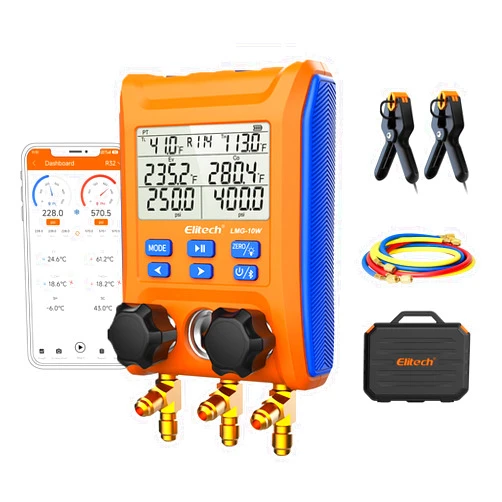 Elitech Wireless Digital Manifold Gauge Set Data Logging Refrigerant HVAC Gauges with Hoses, Temperature Clamps, LMG-10W