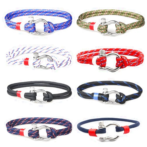 FINZOR 8Pcs Mens Rope Bracelet Stainless Steel Silver Shackle Extremely Scratch Resistant Waterproof Paracord Handmade Nautical Wristband Bracelet for Men