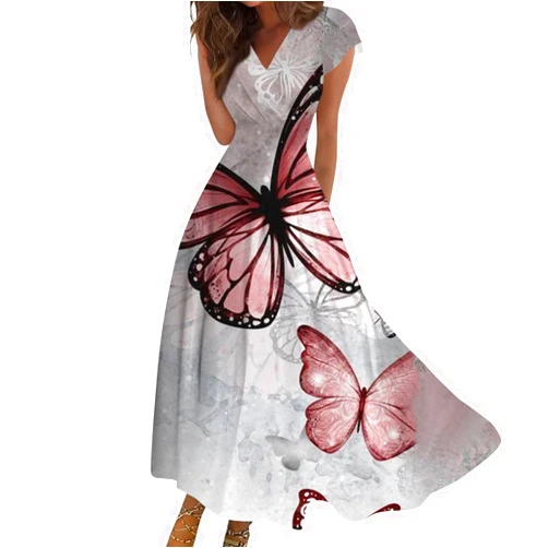 Segaven Sundresses for Women Elegant Flowy Long Dresses Floral Print Wrap V Neck Beach Dress Cap Sleeve Trendy Sundresses
