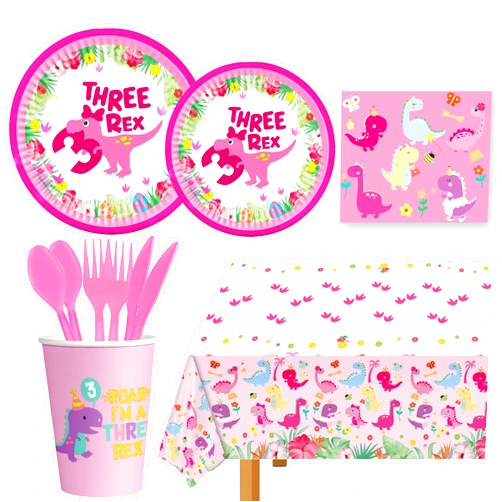 Miruwtog Pink Three Dino Rex Birthday Party Decorations,141PCS Birthday Decoration Dinosaur 3rd Birthday Paper Plates Tableware Set Three inspired Rex Table cloth Plates