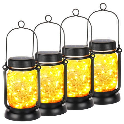 Mlambert 4 Pack Solar Hanging Lantern with Stakes, Outdoor Waterproof Solar Mason Jar Fairy String Lights Decorative Vintage Glass Lamp-Warm White
