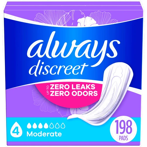 Always Discreet Adult Incontinence Pads for Women, Moderate Absorbency, Regular Length, Postpartum Pads, 198 CT