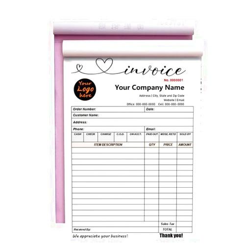 TATLETATLE Custom Invoice Form with Your Company Name,Personalized Carbonless Form 3-Part /2-Part NCR Paper, Add Company Name, Address, Phone and Number Printed(B-2-Part,Logo)