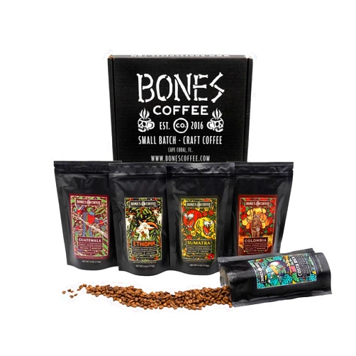Bones Coffee Company NEW World Tour Sample Pack | Ground Coffee Beans Sampler Gift Box Set | 4 oz Pack of 5 Assorted Single-Origin Gourmet Coffee Gifts | Medium Roast Coffee Beverages (Ground)
