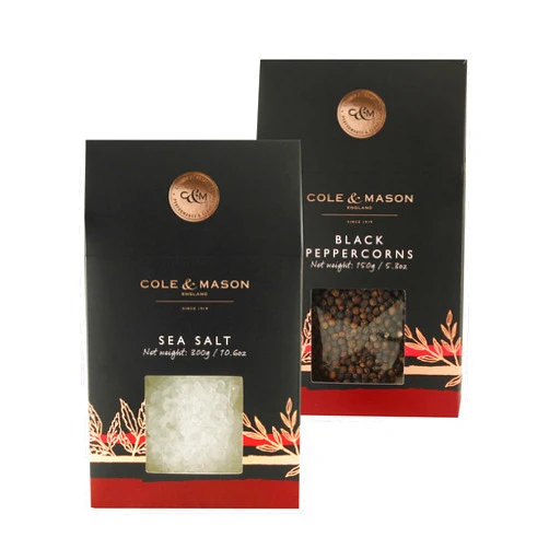 Cole & Mason Gourmet Spice Refill Box - Pairs Well with Chicken, Beef, Pork & More - Peppercorn Refill for Salt & Pepper Mill Grinder - Sea Salt & Black Pepper 15.9 Oz Box Set