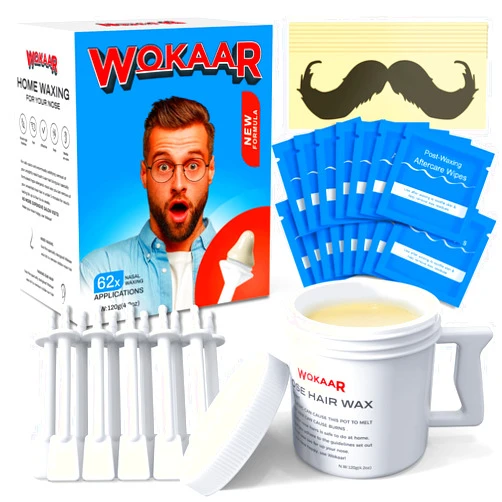 Wokaar Nose Wax Kit Men, New 120gm Hypoallergenic Wax, 30 Applicators, Nose and Ear Hair Removal Kit for Women, Sanitary & Easy Nasal Waxing Kit .15 Post Waxing Balm Wipes, 15 Mustache Guards