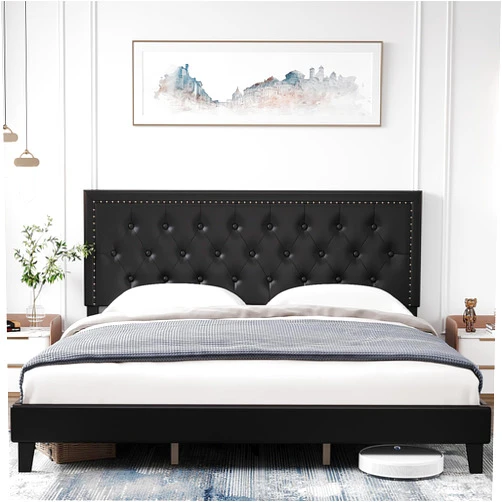 Homhougo King Bed Frame with Adjustable Headboard, Upholstered King Platform Bed Frame with Diamond Button Tufted Headboard, Wood Slats Support, Easy Assembly, No Box Spring Needed, Black