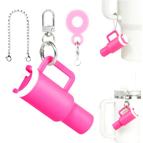 NBOOCUP Mini Cup Keychain for Stanley Cup, Straw Toppers Charm for Stanley 40 oz Tumbler, Straw Covers Charms with Adapter for Stanley Cup Accessories, Lip Balm Holder (Bright Pink)