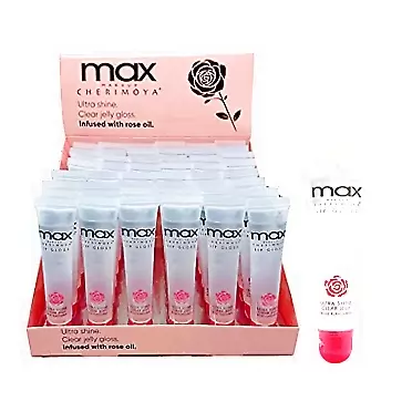 Cherimoya MAX Makeup Cherimoya Lip Polish ROSE Oil Clear Gloss Whole Display (36 Pack) 36 Pack Rose