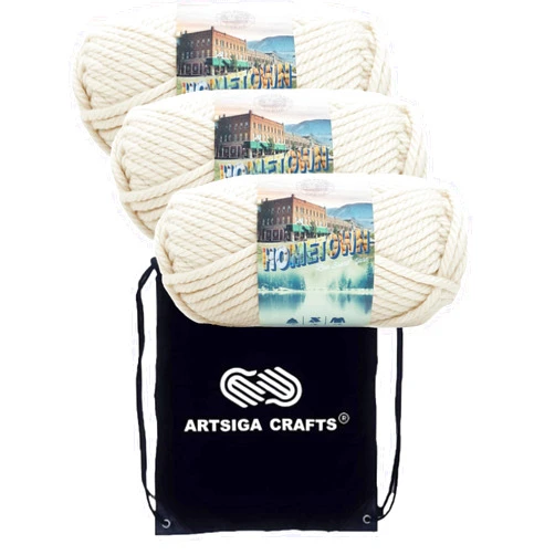 Lion Brand Yarn Lion Brand Hometown Houston Cream 135-98 (3-Skeins - Same Dye Lot) #6 S Bulky Acrylic Yarn for Crocheting and Knitting - Bundle with 1 Artsiga Crafts Project Bag