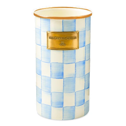 MACKENZIE-CHILDS Enamel Utensil Holder, Stylish Kitchen Countertop Organizer, Light-Blue-and-White Sky Check