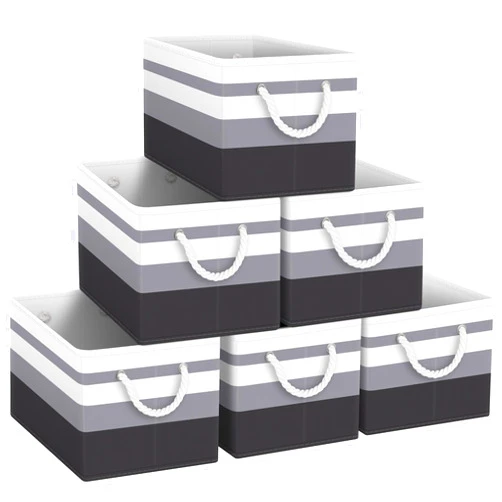 Fab totes Storage Bins [6-Pack], Foldable Storage Baskets for Organizing Toys, Books, Shelves, Closet, Large Storage Box with Rope Handles, Sturdy Organizer Bins,Gradient Grey