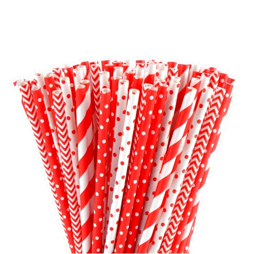 ALINK Biodegradable Red Paper Straws Bulk - 100 Dots/Stripes/Waves Straws for Beverage, Christmas, Holiday, Birthday, Wedding, Baby/Bridal Shower, Party and Decoration