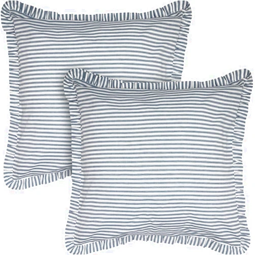 VHC Brands Sawyer Mill Ticking Striped Cotton Farmhouse Square Bedding Accessory Euro Sham Set of 2 26x26 Blue Denim