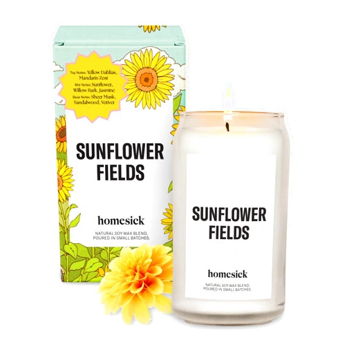 Homesick Scented Candles for Home (Sunflower Fields) - 13.75 oz Long-Lasting Natural Soy Wax Blend Jar Candle Gifts for Women & Men, 60-80 Hours Burn Time - Notes of Grass, Lemon & Lime