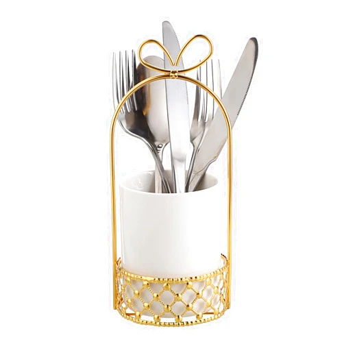 JUXYES Ceramic Silverware Holder For Tabletop, White Cutlery Holder With Golden Metal Bracket, Decorative Flatware Holder Countertop Utensil Holder Organizer for Wedding Kitchen Dining Tables