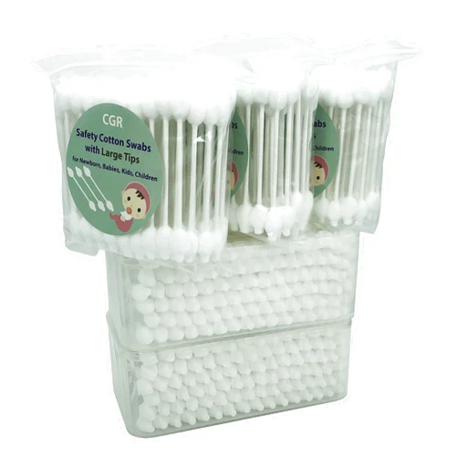 CGR 400pcs CGR Baby Safety Cotton Swabs with Large Tips for Newborn, Babies, Kids, Children, 100% Organic Cotton, White Paper Sticks, 5 Pack of 80 Swabs Total(2 Boxes and 3 Bags)