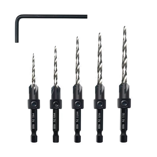 AIMLENTOOL Countersink Drill Bit Set, 5PCS Tapered Drill Bits, M2 Countersink Set with 1/4
