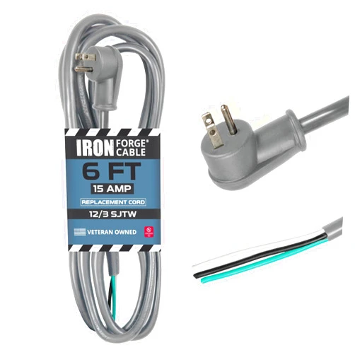 Iron Forge Cable Flat Plug Replacement Power Cord with Open End - 12/3 6 Ft Gray Appliance Extension Cord 15 Amp, 12 AWG Power Cord Replacement for Universal AC Appliance - UL Certified