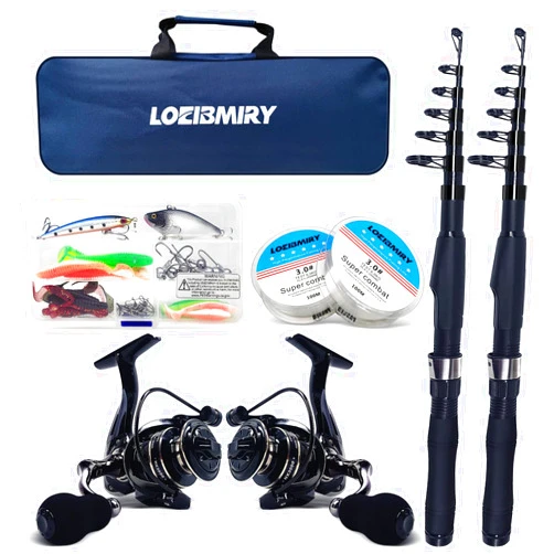 LOEIBMIRY Fishing Rod Reel Combos, 2PCS 2.1m/6.89ft Collapsible Fishing Rods + 2PCS Spinning Reels + Fishing Lines Fishing Lures Carrier Bag, Telescopic Fishing Pole Set Sea Saltwater Freshwater Kit