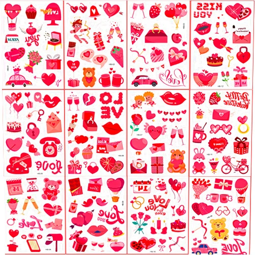 FUNTATTOO 12 Sheet Valentine Temporary Tattoos Pink Red Valentine Decorations Party Favors Love Kiss Heart Rose Lips Valentines Supplies Accessories Gift For Couple Stickers Decor Teen Adult Q999