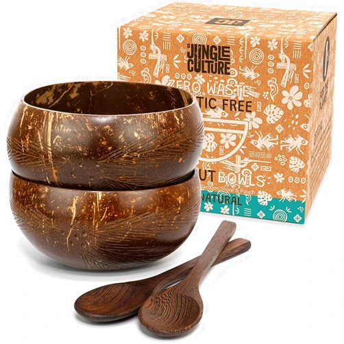 Jungle Culture Patterned Coconut Bowl and Wooden Spoons Set • 2 Natural Coconut Bowls & Bamboo Straws • Smoothie Bowls • Coconut Shell Acai & Buddha Bowls • Vegan Gifts